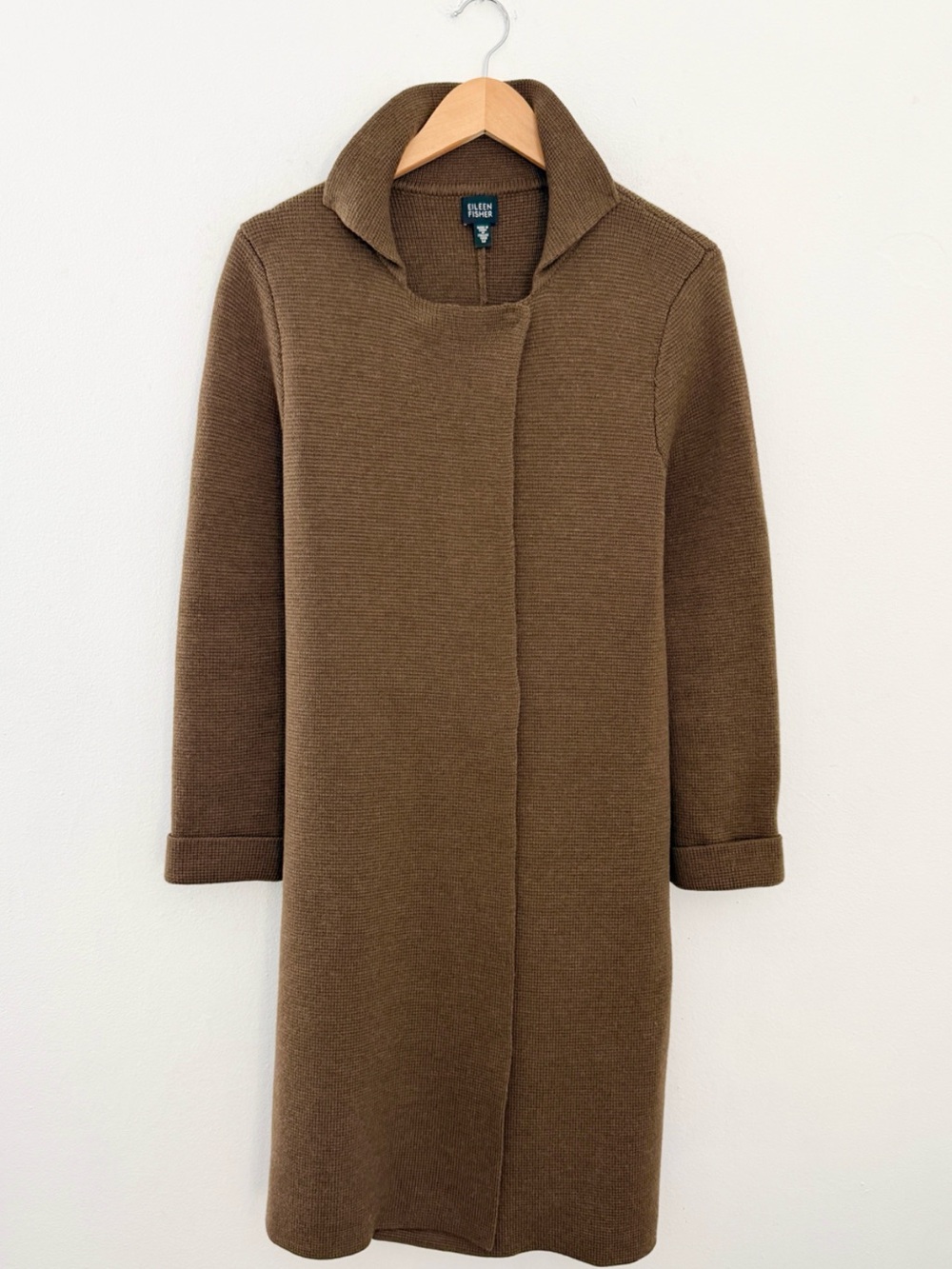 Eileen Fisher Knit Long Coat Cardigan Merino Wool Medium Brown Lagenlook Office - Picture 8 of 13